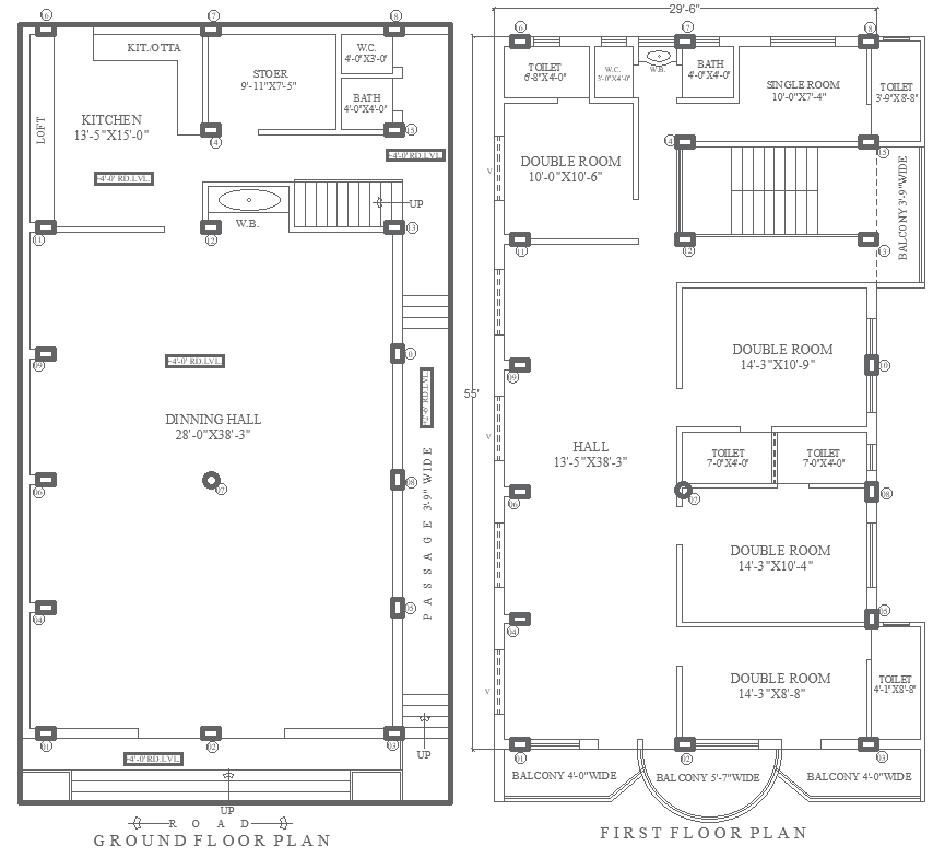 29.6x55Ft 2-Story House Plan Design with DWG Layout