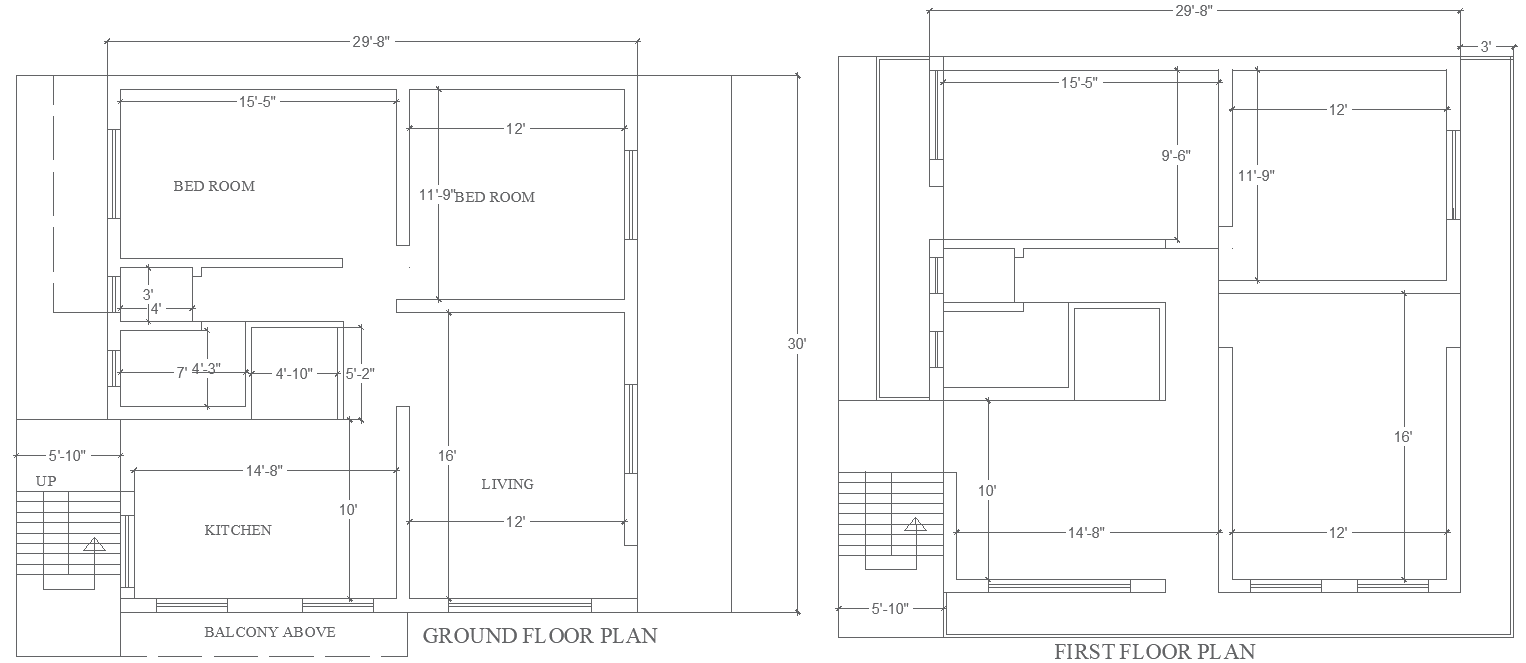 29.8x30ft Ground and First Floor House Plan in DWG File