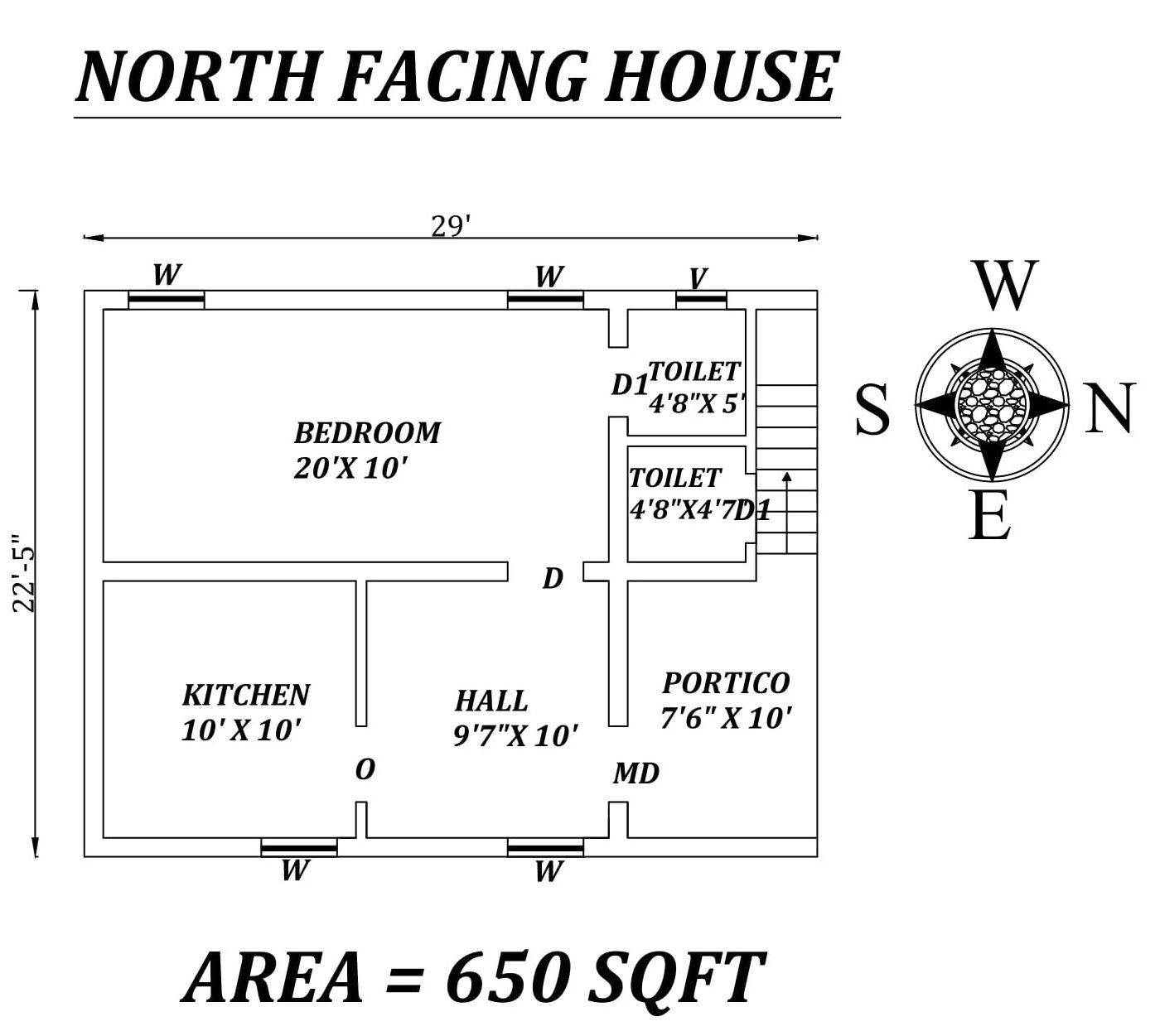 29' X 22'5" Single BHK North facing small House Plan As Per Vastu Shastra,Autocad DWG file Details.