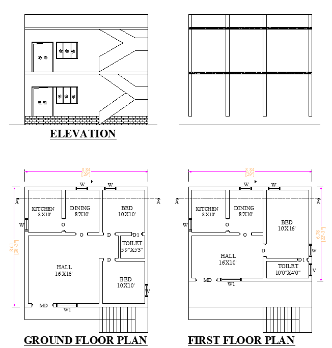 29'X28' 2bhk north-facing G+1 Home Plan as per vastu Shastra. Download Autocad Drawing and PDF file.