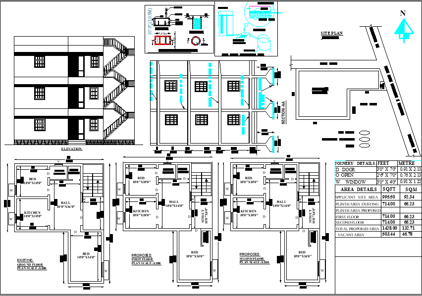 29'X39' G+2 blueprint plan of North facing 2bhk house plan as per Vastu Shastra is given in this drawing file.Download free Autocad DWG and PDF file format of this house plan.