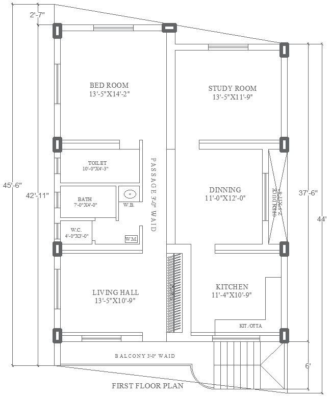 29ftx45.6ft First Floor House Plan Layout Design DWG File
