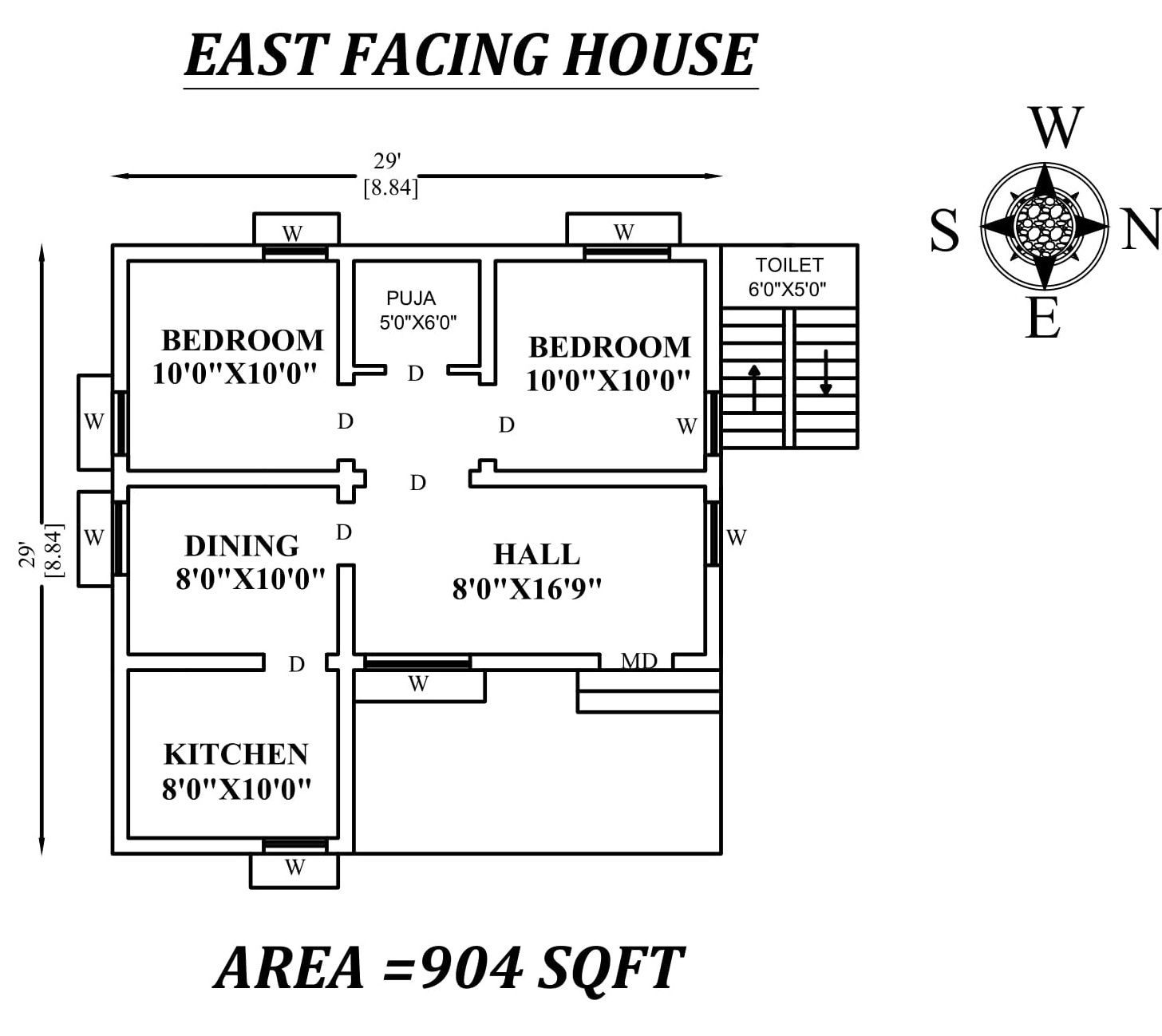 29x29' The Perfect 2bhk East facing House Plan As Per Vastu Shastra. Autocad DWG and Pdf file details