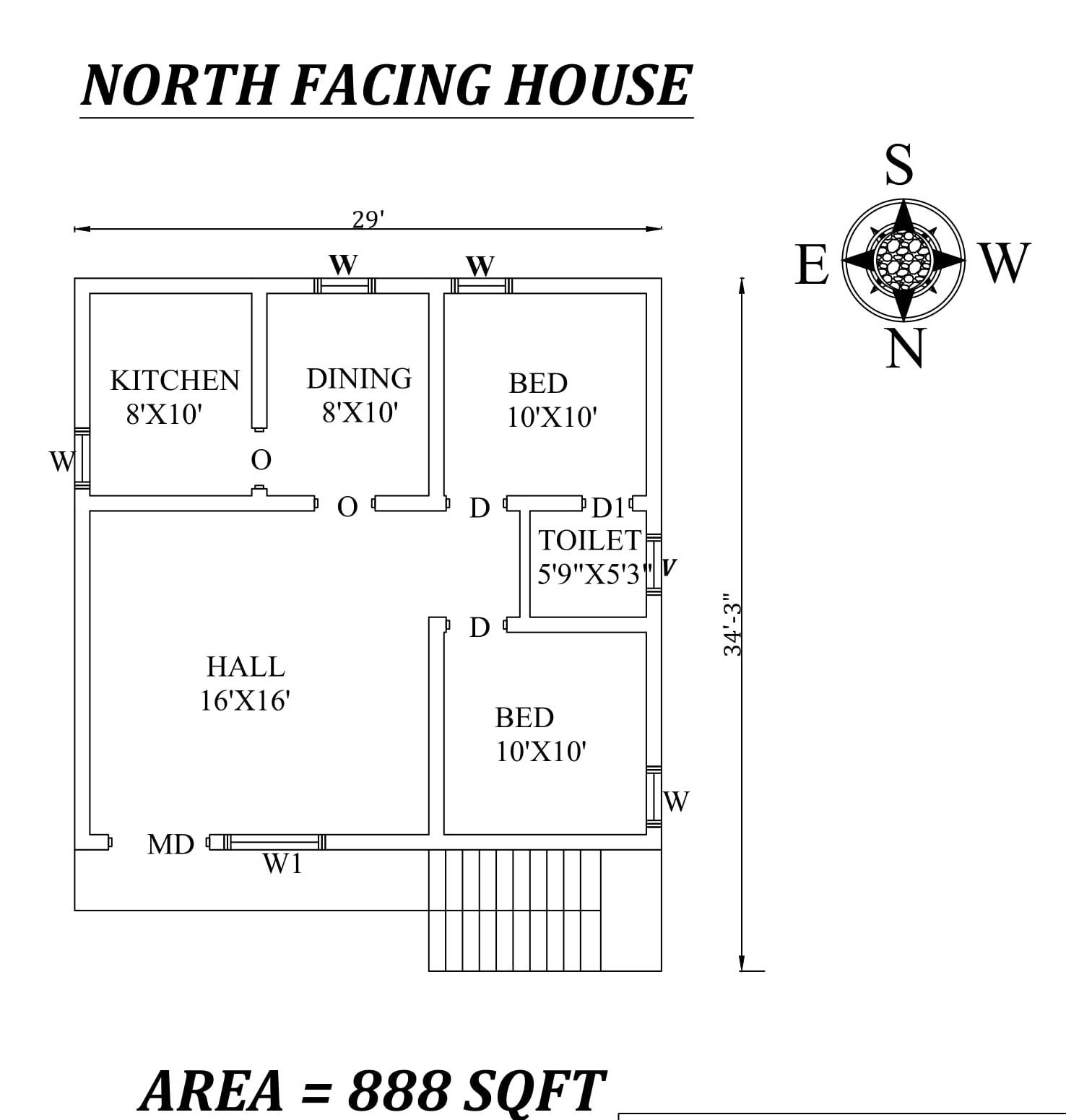 29'x34' Beautiful North facing 2bhk house plan as per vastu Shastra Autocad DWG and PDF file Details.