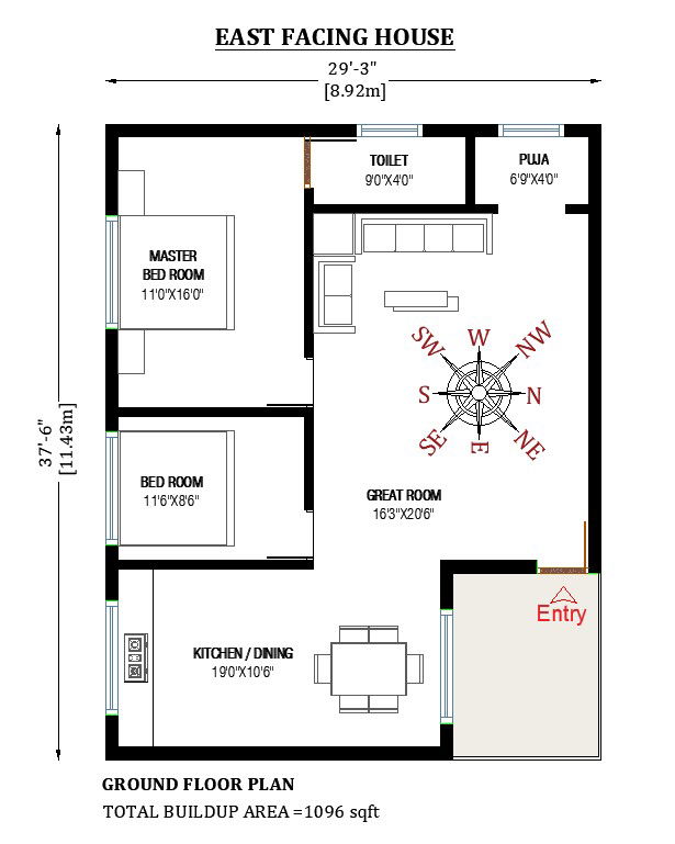 29 x37 East facing 2bhk house designs cad drawing file free.