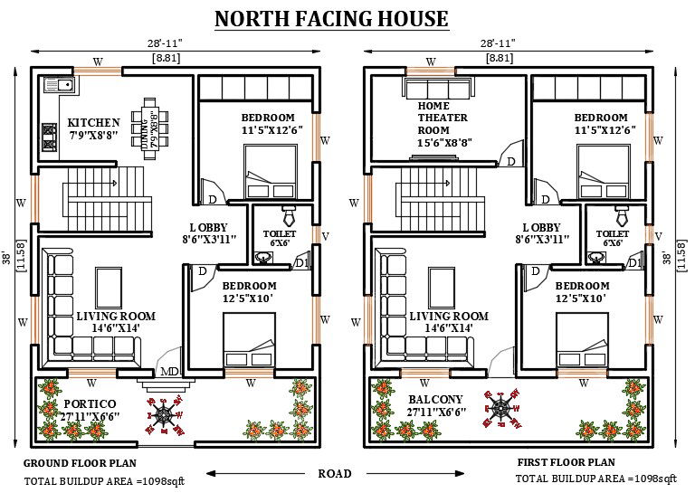 29’x38’ north facing house plan is given in this Autocad drawing file. Download now.