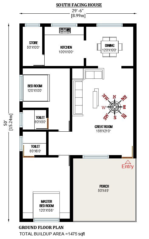 29 x 50 South facing 2bhk house plan cad drawing file free. Download free 2d cad drawing file.