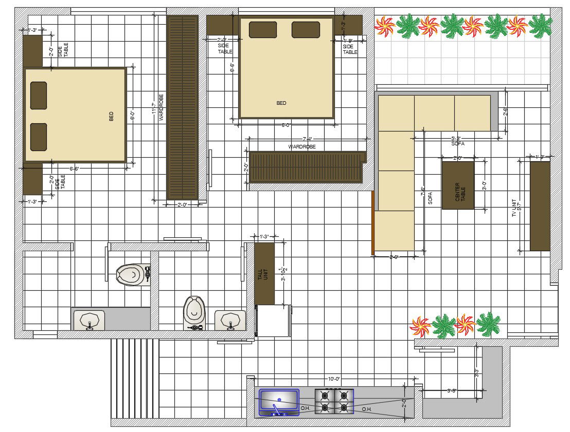 2BHK Planning Of House Design With Furniture Layout AutoCAD File