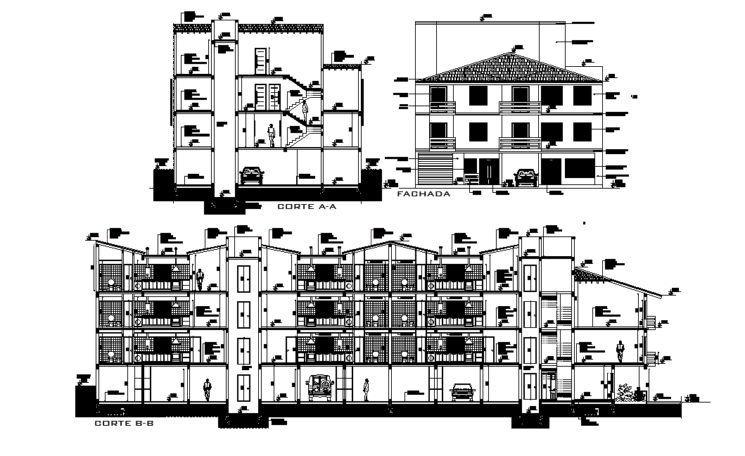 2 BHK And 3 BHK Apartment Building Sectional Elevation design DWG File