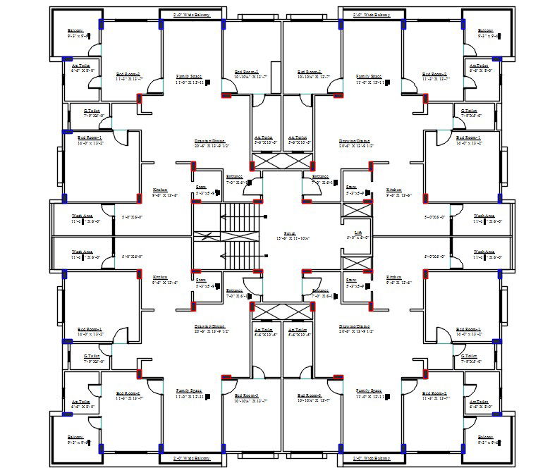 2 BHK and 3 BHK Apartment Cluster Plan Layout in AutoCAD DWG File