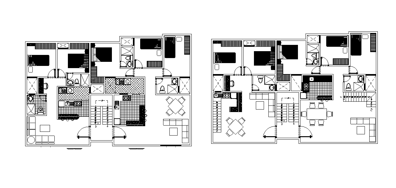 2 BHK And 3 BHK Apartment With Furniture Layout AutoCAD Drawing DWG File