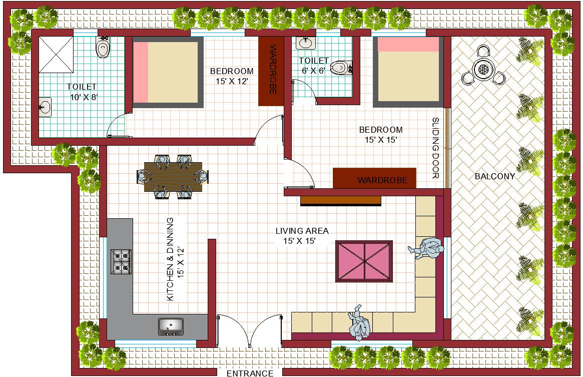 2 BHK Apartment Autocad House Plan ( 50' x 30') DWG Drawing Download.