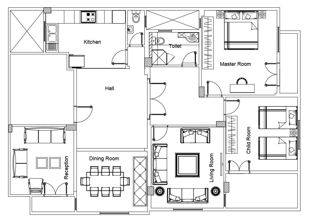 2BHK House Plan AutoCAD 2D Drawing with Room Layout