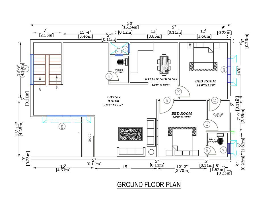 2 BHK CAD House Plan Drawing Download DWG File