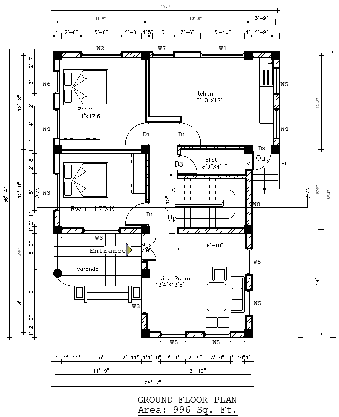 2BHK Ground Floor Home Design Layout in AutoCAD DWG File