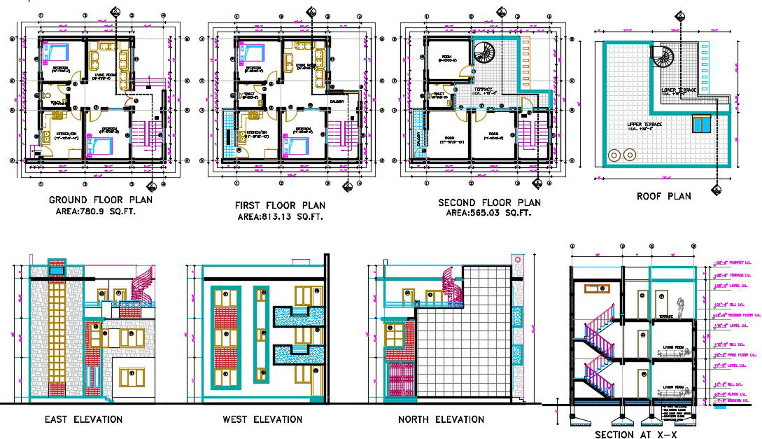 2 BHK House 3 Storey Floor Plan With Building Sectional Elevation Drawing