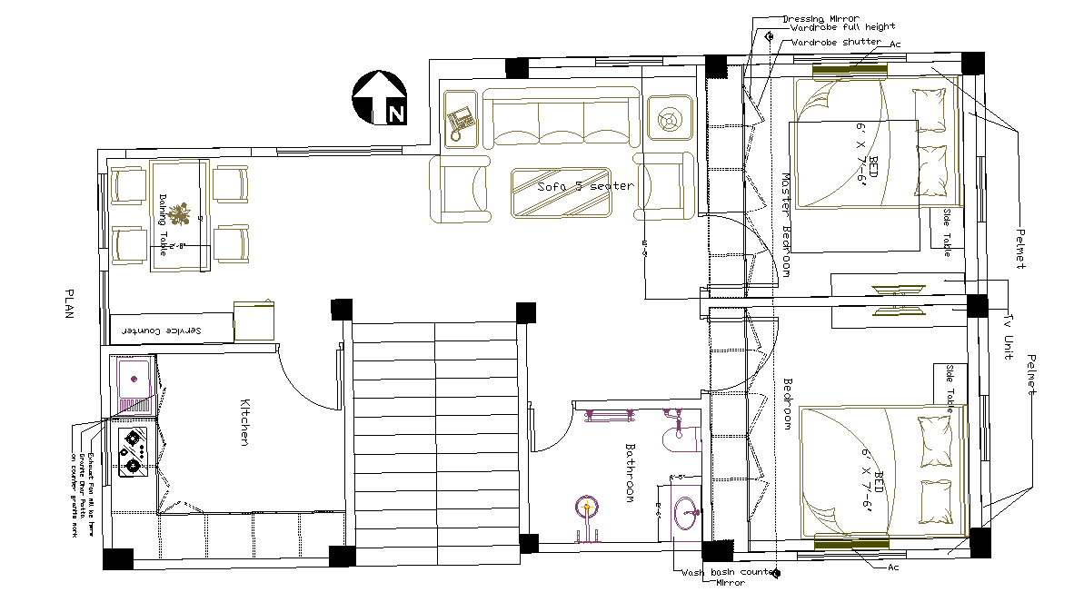 2 BHK House Floor Plan With Column Layout Drawing DWG File