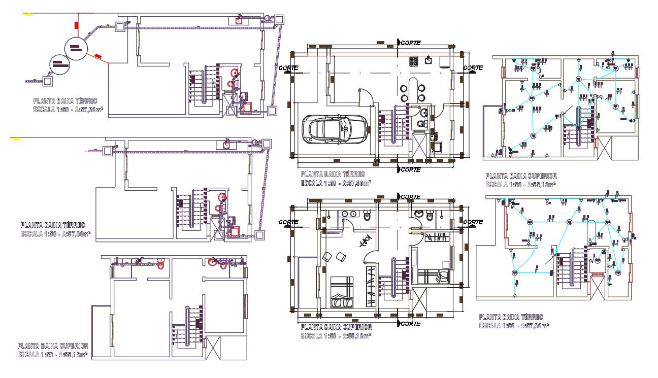 2 BHK House Furniture Layout With Electrical And Plumbing Plan