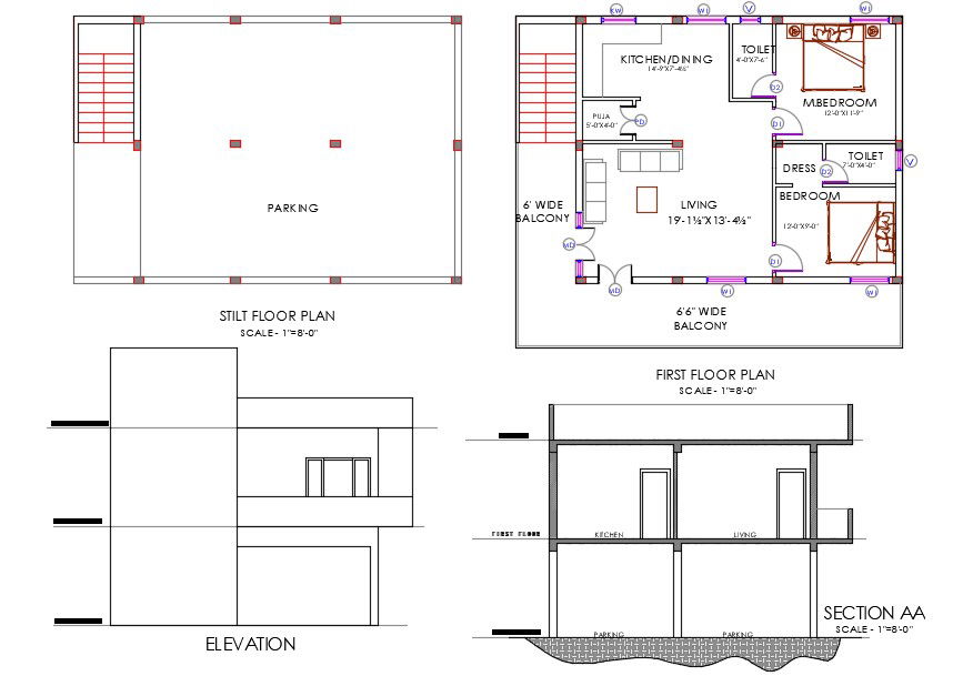 2 BHK House Furniture Plan And Building Sectional Elevation Drawing DWG File