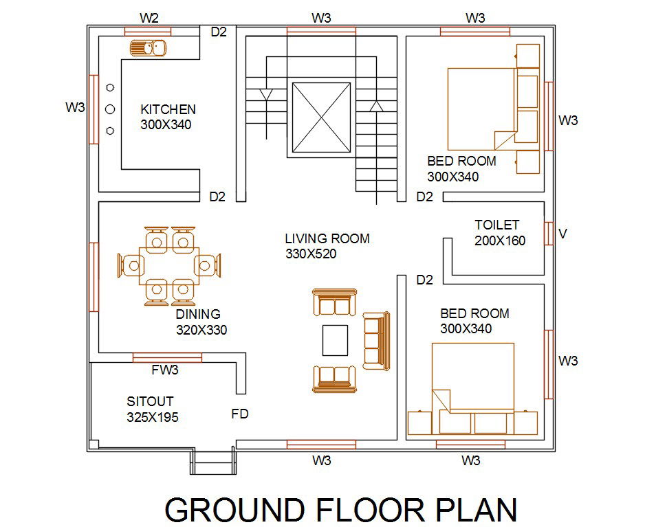 2 BHK House Ground Floor Furniture Layout Plan DWG File