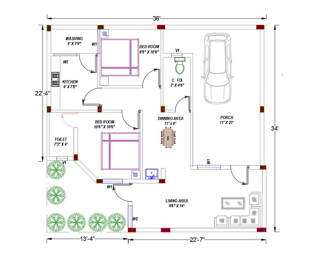 2 BHK House Plan AutoCAD Drawing Download DWG File