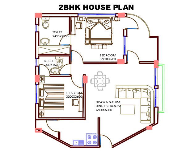 2 BHK House Plan With Furniture Drawing AutoCAD File