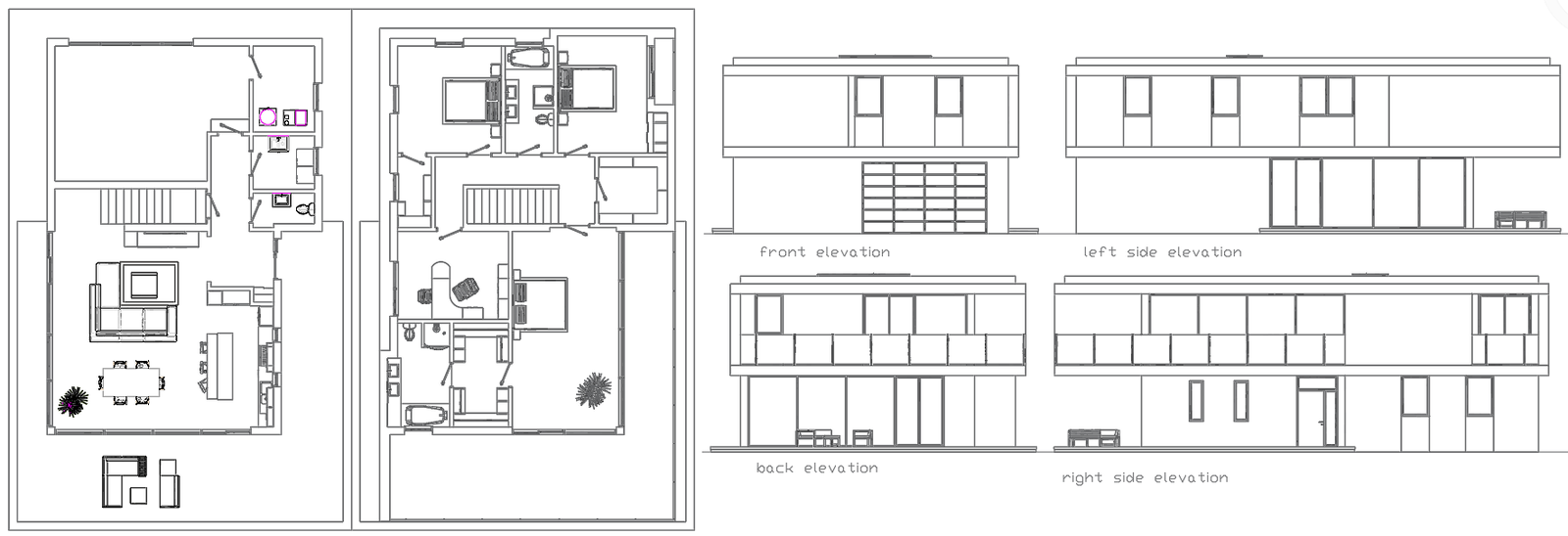 2BHK House Plan with Four-Side Elevation in AutoCAD Format