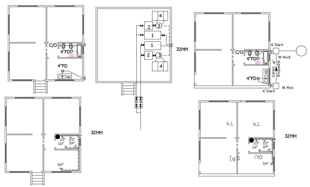 2 BHK House Plumbing Layout Plan Design DWG File