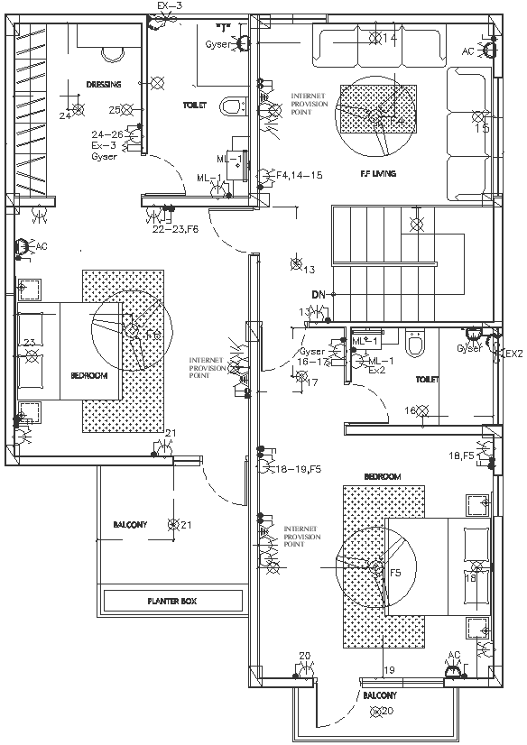 2 BHK House plan with electrical detail DWG AutoCAD file