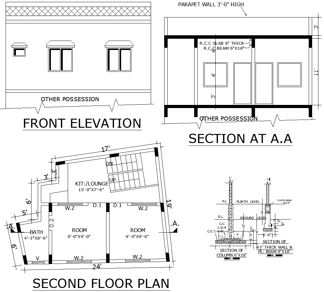 2BHK Second Floor House Plan DWG File for CAD Design