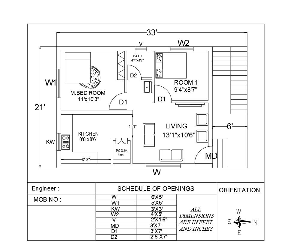 2 BHK Small House Plan AutoCAD Drawing Download DWG File