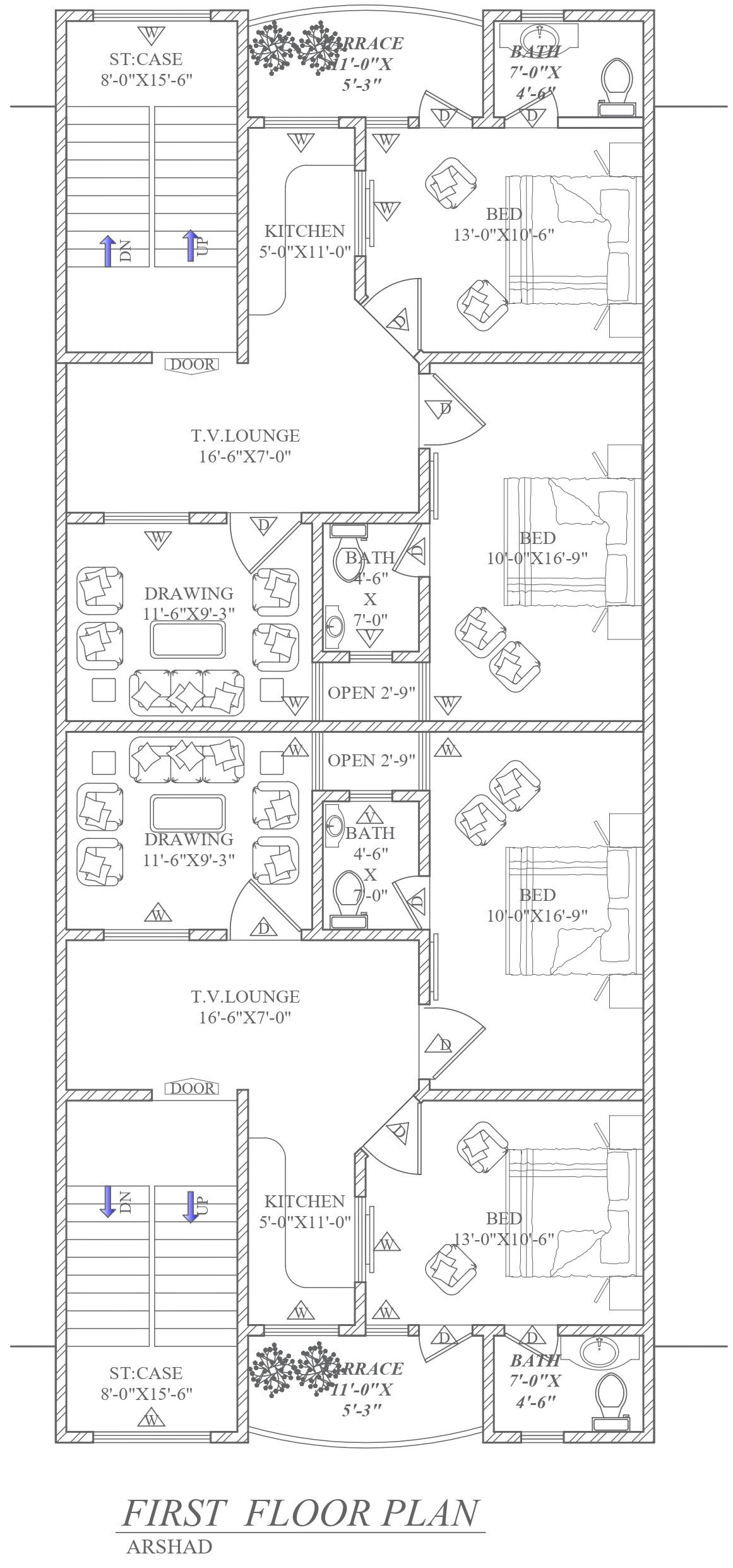 2 BHK flat floor plan with curved balcony DWG AutoCAD drawing.