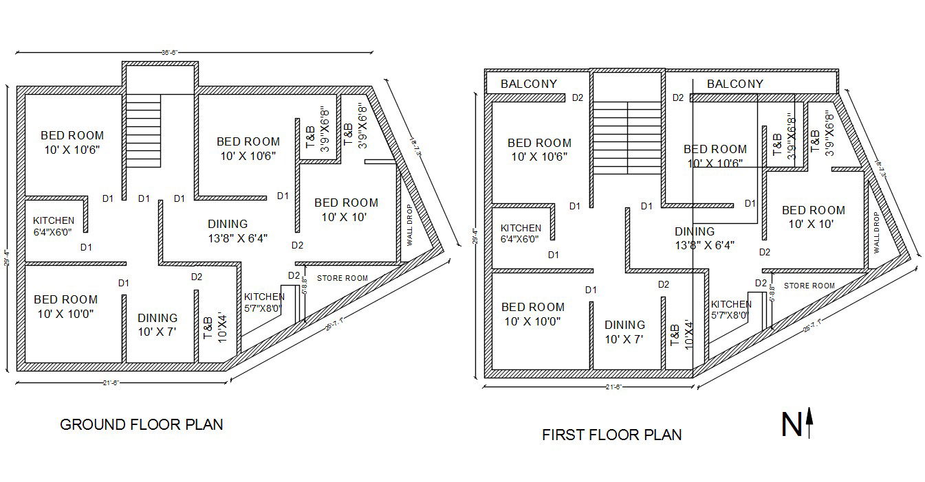 2 Bedroom House Floor Plans North Facing CAD Drawing