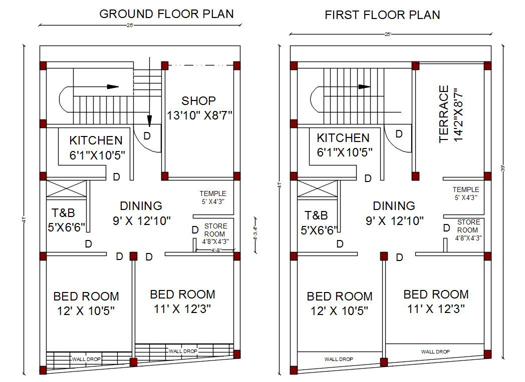 2 Bedroom House Ground Floor And First Floor Plan AutoCAD File