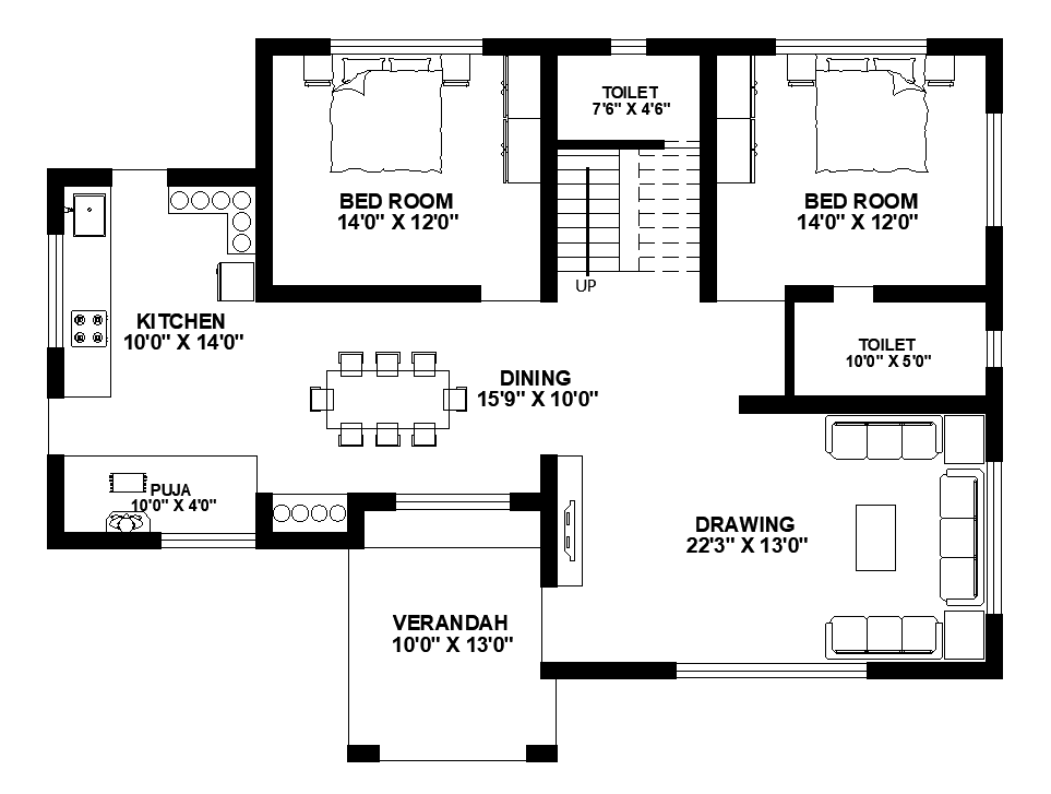 2 Bedroom House Layout Plan AutoCAD drawing Download DWG File
