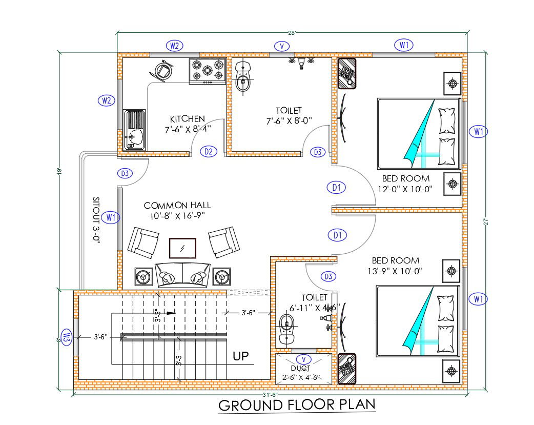 2 Bedroom House Plan DWG AutoCAD Drawing for Residential Design