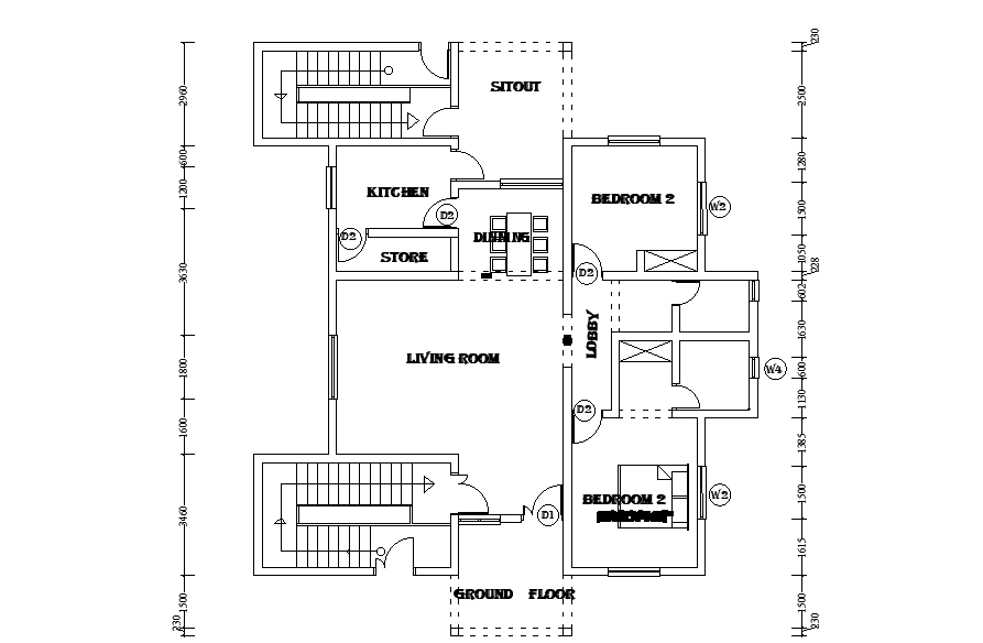 2 Bedrooms House Ground Floor Plan CAD Drawing Download DWG File