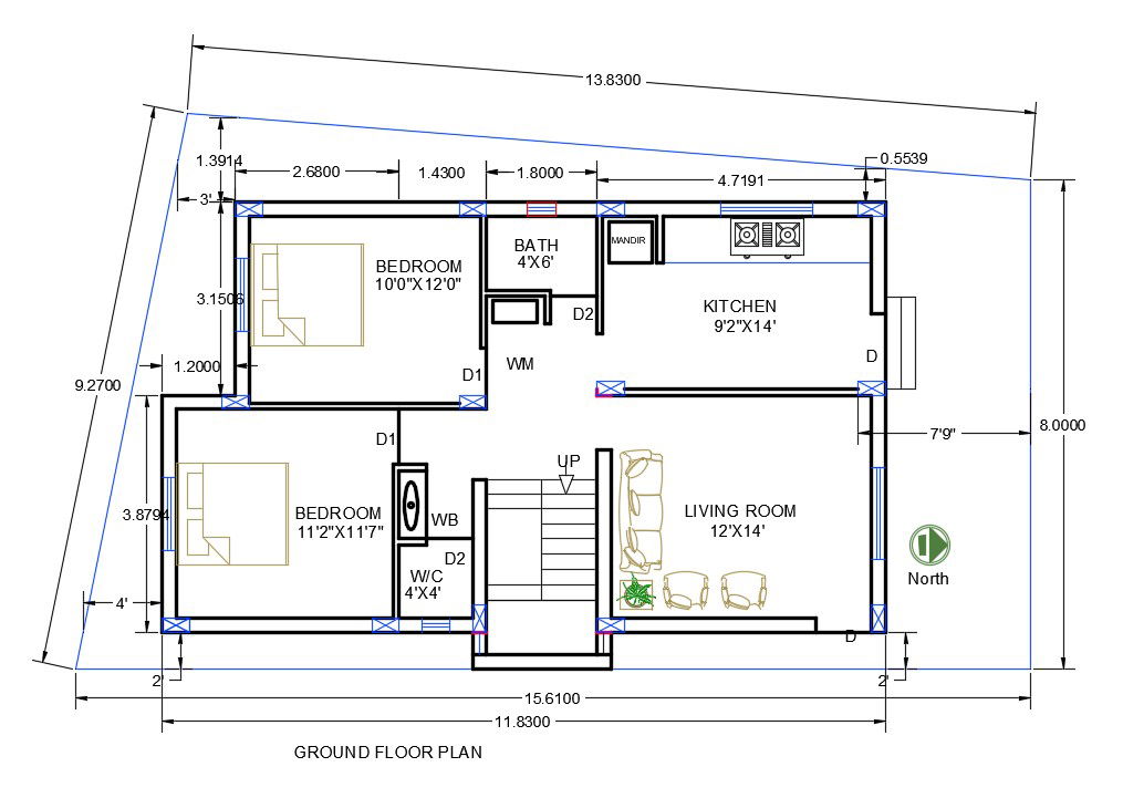2 Bedrooms House Layout Plan Drawing Download DWG File