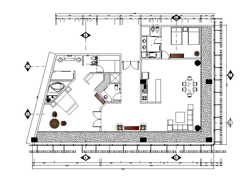2 Bedrooms House Plan With Furniture Layout CAD Drawing DWG File