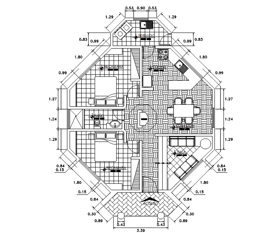 2 Bedrooms House Plan With Furniture Layout Drawing Download DWG File
