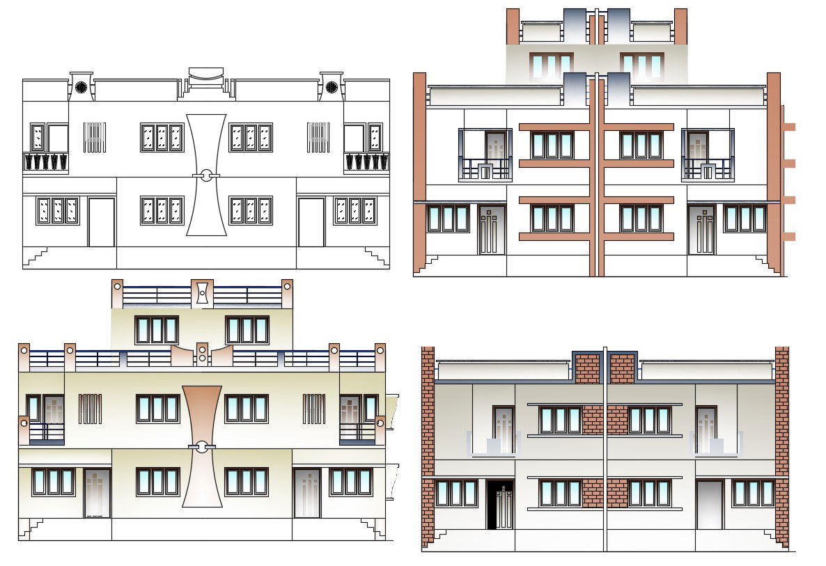 2D CAD Drawing Bungalow Modern Elevation Options AutoCAD File