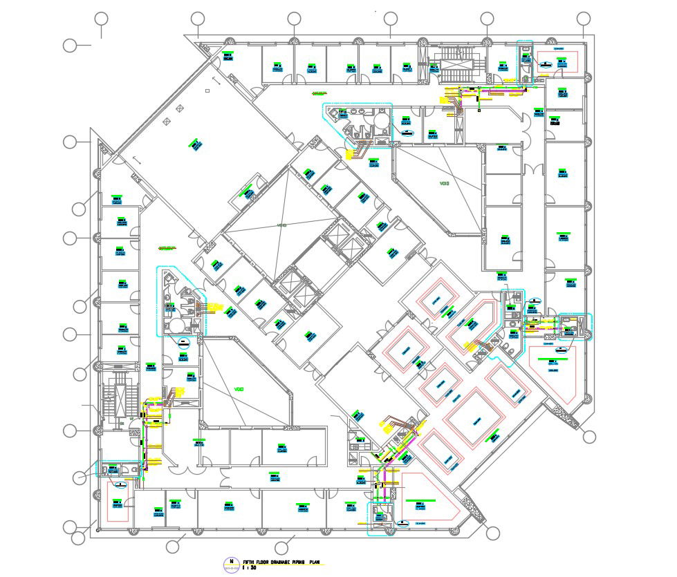 2D CAD Drawing Drainage Design On Fifth Floor DWG File