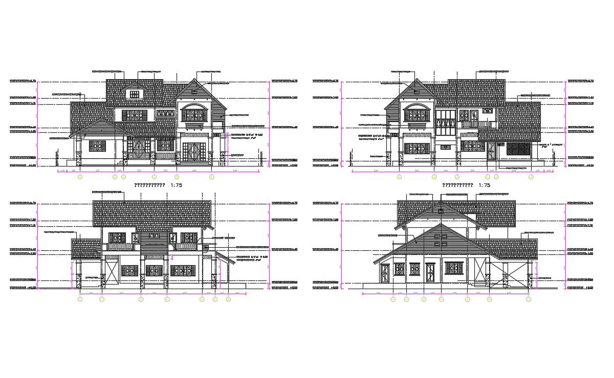 2D CAD Drawing Four Side Elevation Of Traditional Bungalow AutoCAD File