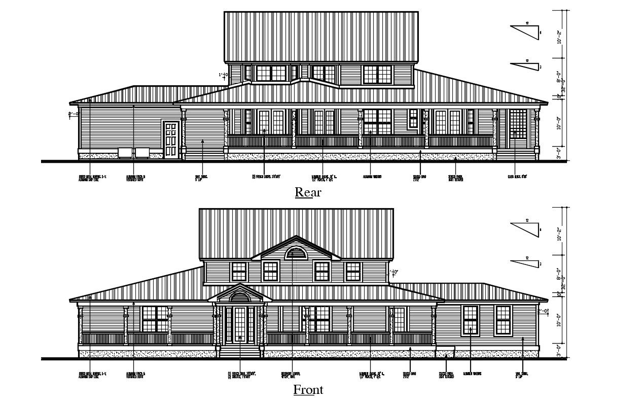 2D CAD Drawing Front And Rear Side Elevation Of Huge Bungalow AutoCAD File