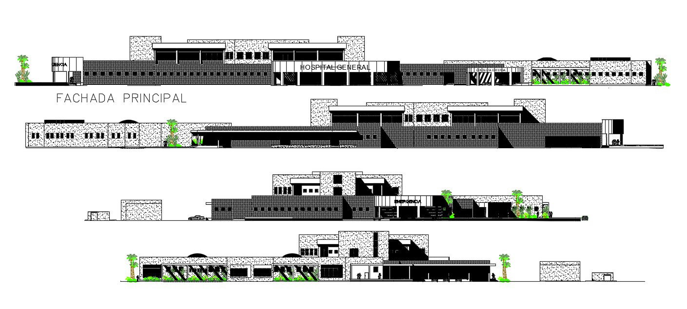 2D CAD Drawing Huge Four Side Elevation Of General Hospital AutoCAD File