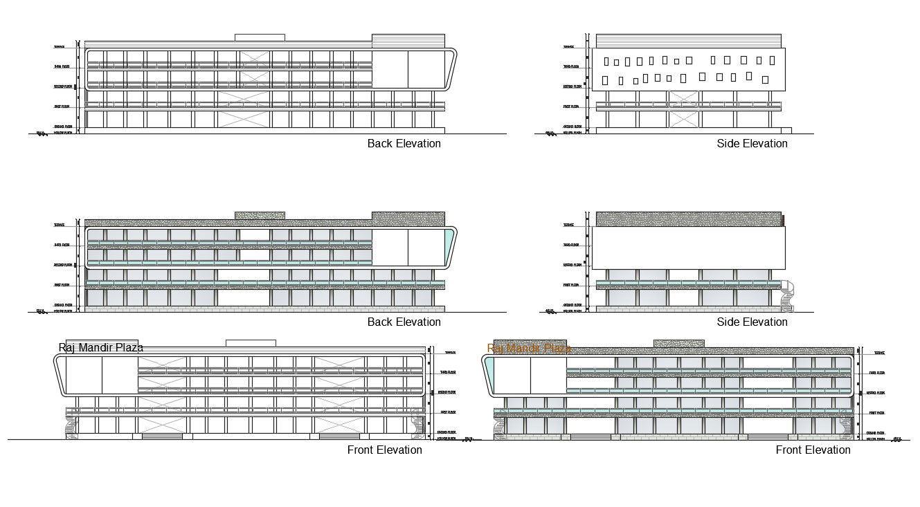 2D CAD Drawing Modern Commercial Building Elevation Designs AutoCAD File 