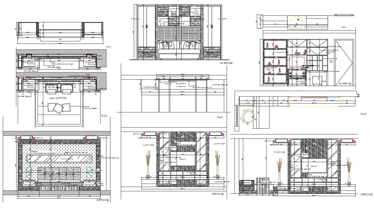 2D CAD Drawing Of Bed Room Furniture Layout Plan With All Side Elevation AutoCAD File