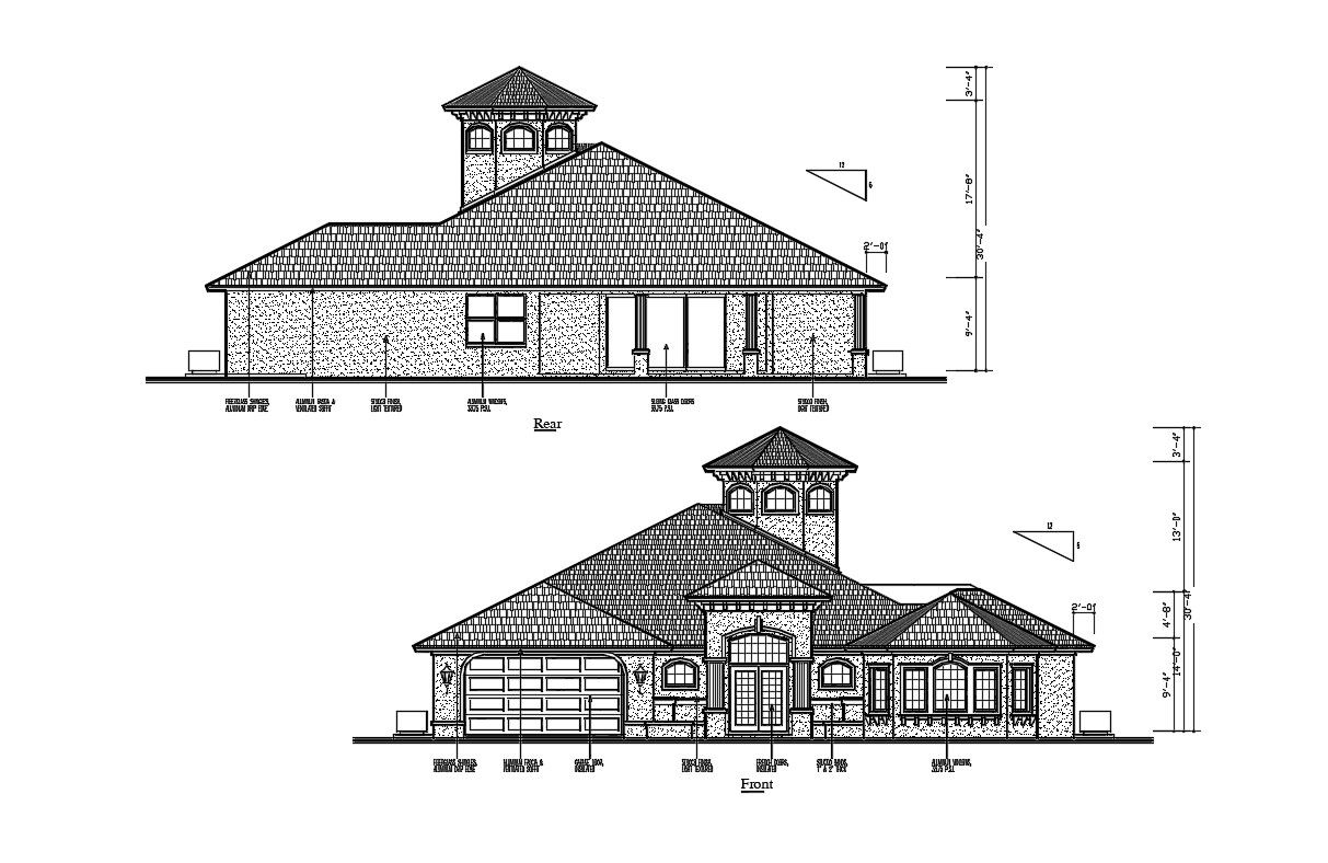 2D CAD Drawing Rear And Front Side Sloping Roof Elevation Of Huge Bungalow AutoCAD File