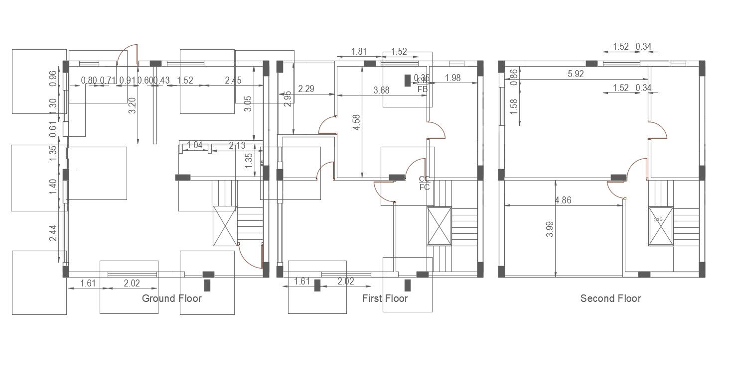 2D CAD Drawing Simple Bungalow Floor Plan With Column Marking AutoCAD File