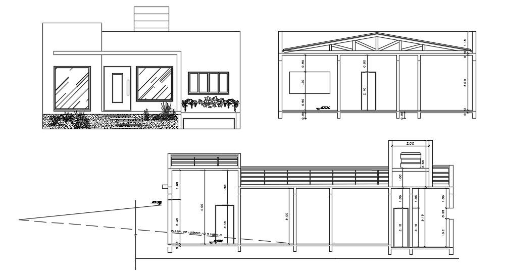 2D CAD Drawing Simple House Front Design And Section AutoCAD Format.
